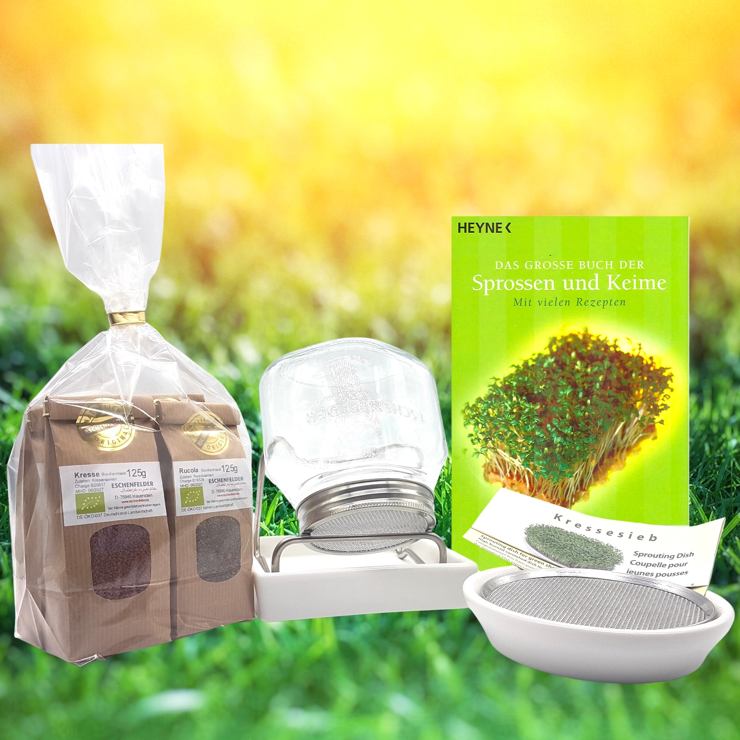 Starter Set Keime und Sprossen: 4 Keimsaaten, 1 x Sprossenglas 750 ml mit Sieb, Edelstahl-Ständer und Kressesieb mit Schale, Sprossenbuch