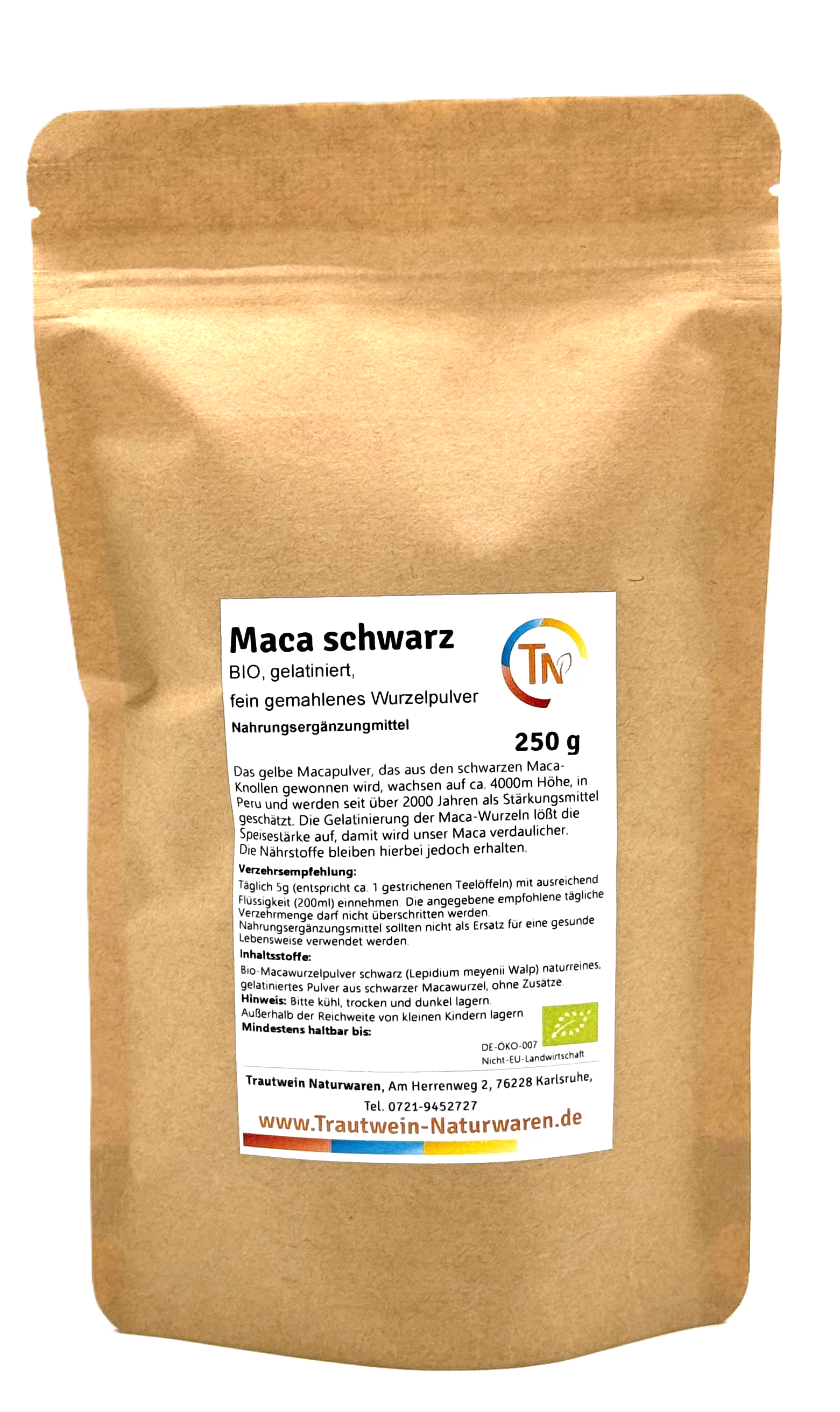 Maca Pulver schwarz, bio, gelatiniert, 250 g Pulver im Vorratsbeutel (50 Tage Vorrat)