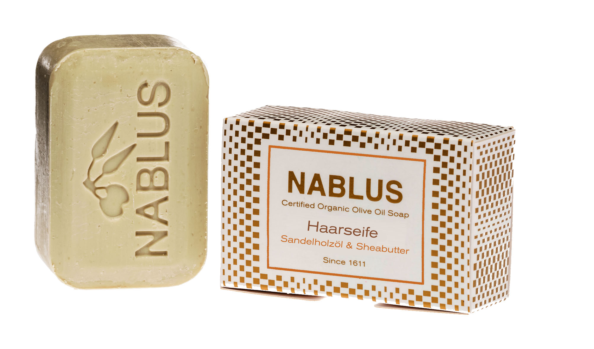 Nablus reine Olivenöl-Seife HAARSEIFE (Sandelholzöl & Sheabutter)