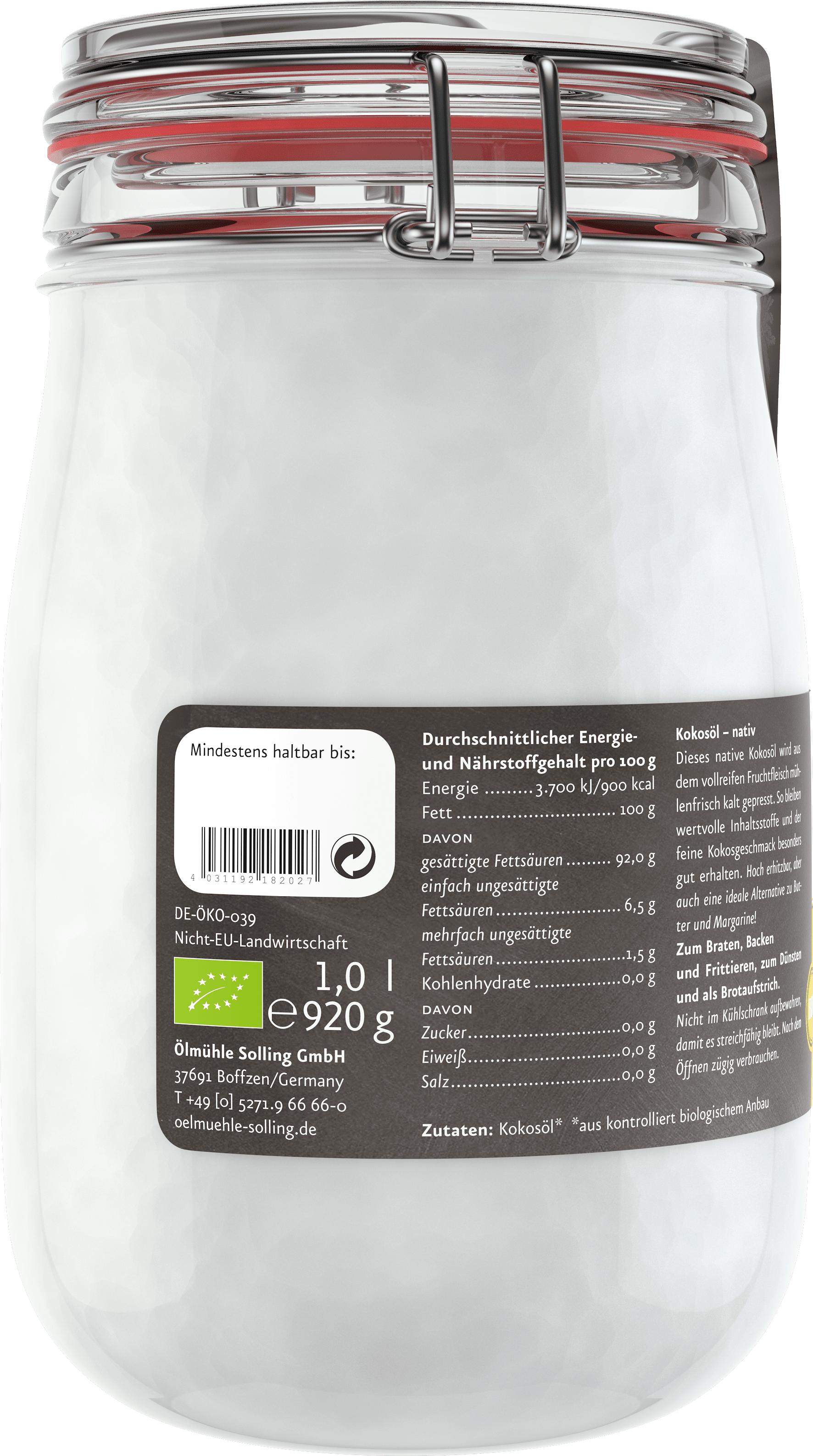 Kokosöl BIO, 1 L, kaltgepresst, nativ, fair