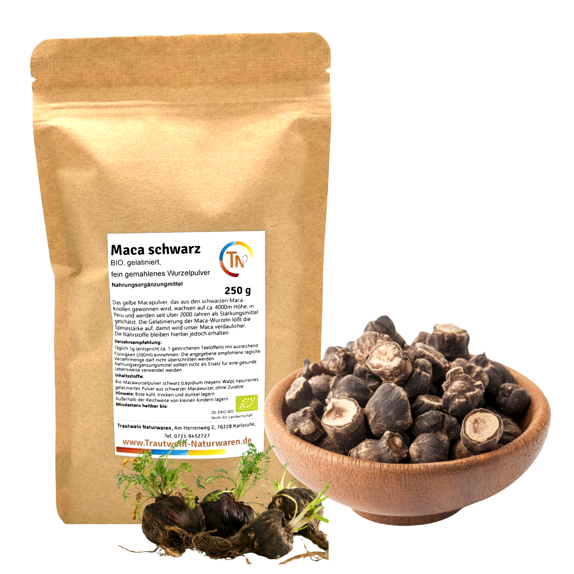 Maca Pulver schwarz, bio, gelatiniert, 500 g Pulver im Vorratsbeutel (100 Tage Vorrat)
