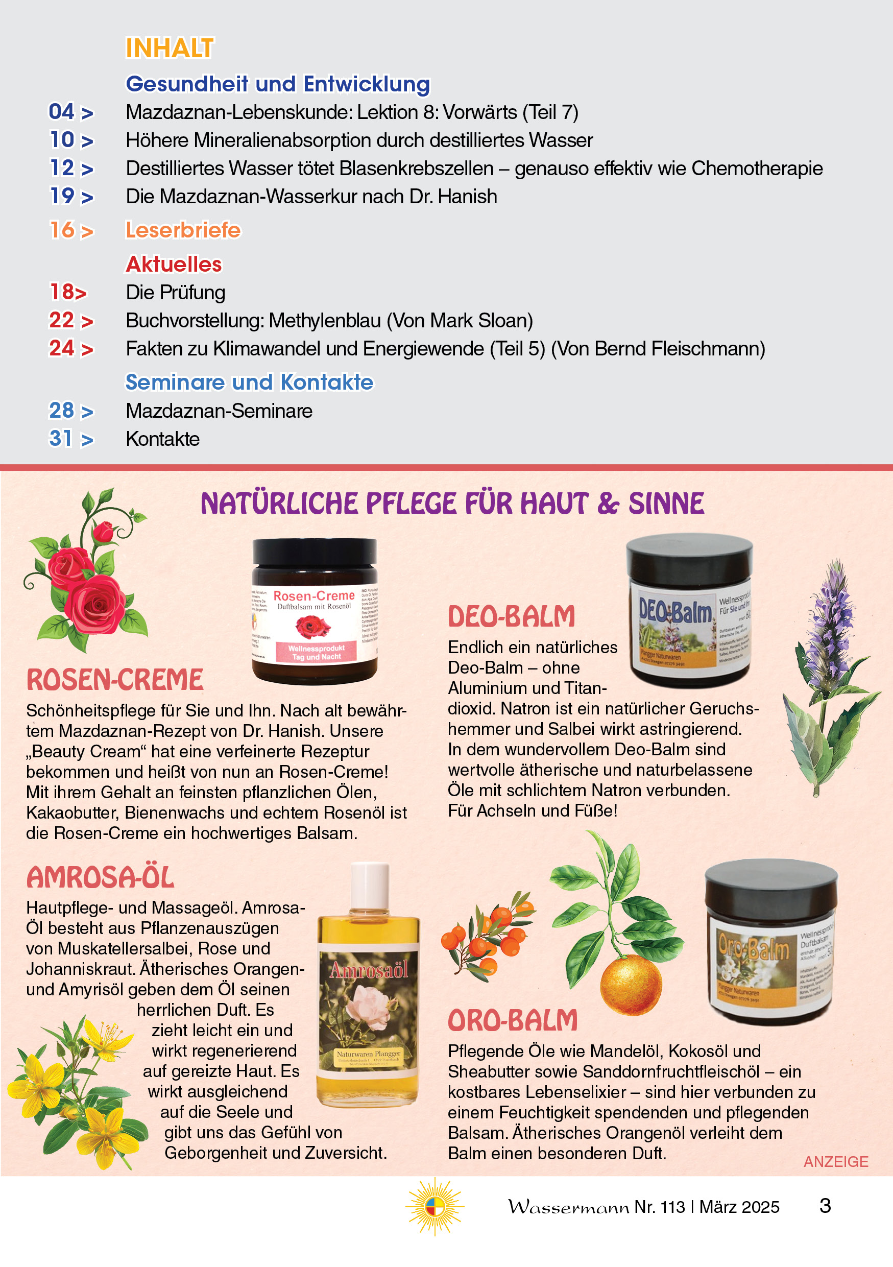 Wassermann Nr. 113:  Destilliertes Wasser, Mineralien, Blasenkrebs, Methylenblau, Klima-Fakten(5), Lebenskunde