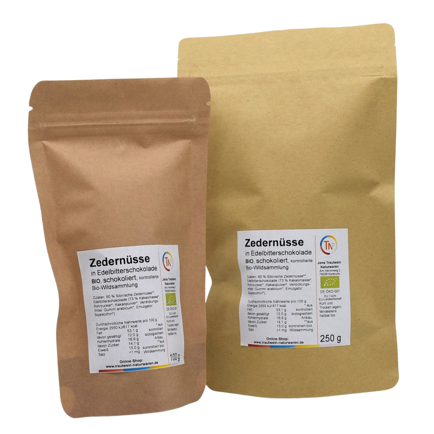 Zedernüsse in Edelbitterschokolade BIO, 250 g