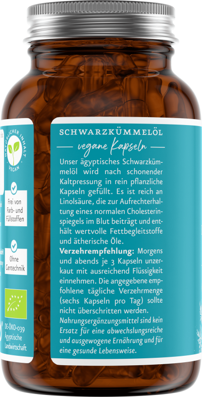 Schwarzkümmelöl-Kapseln, BIO, 180 St. vegan,  im Braunglas
