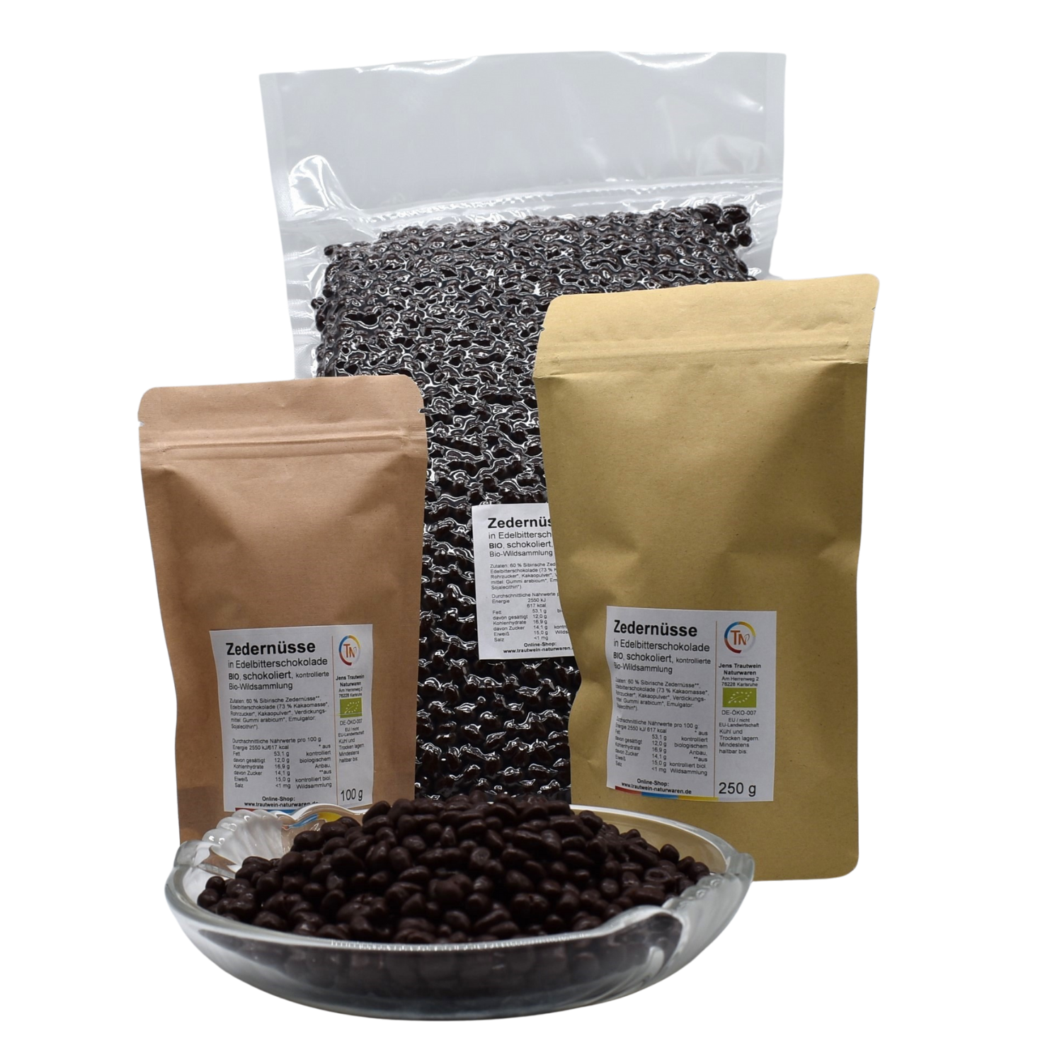 Zedernüsse in Edelbitterschokolade BIO, 250 g