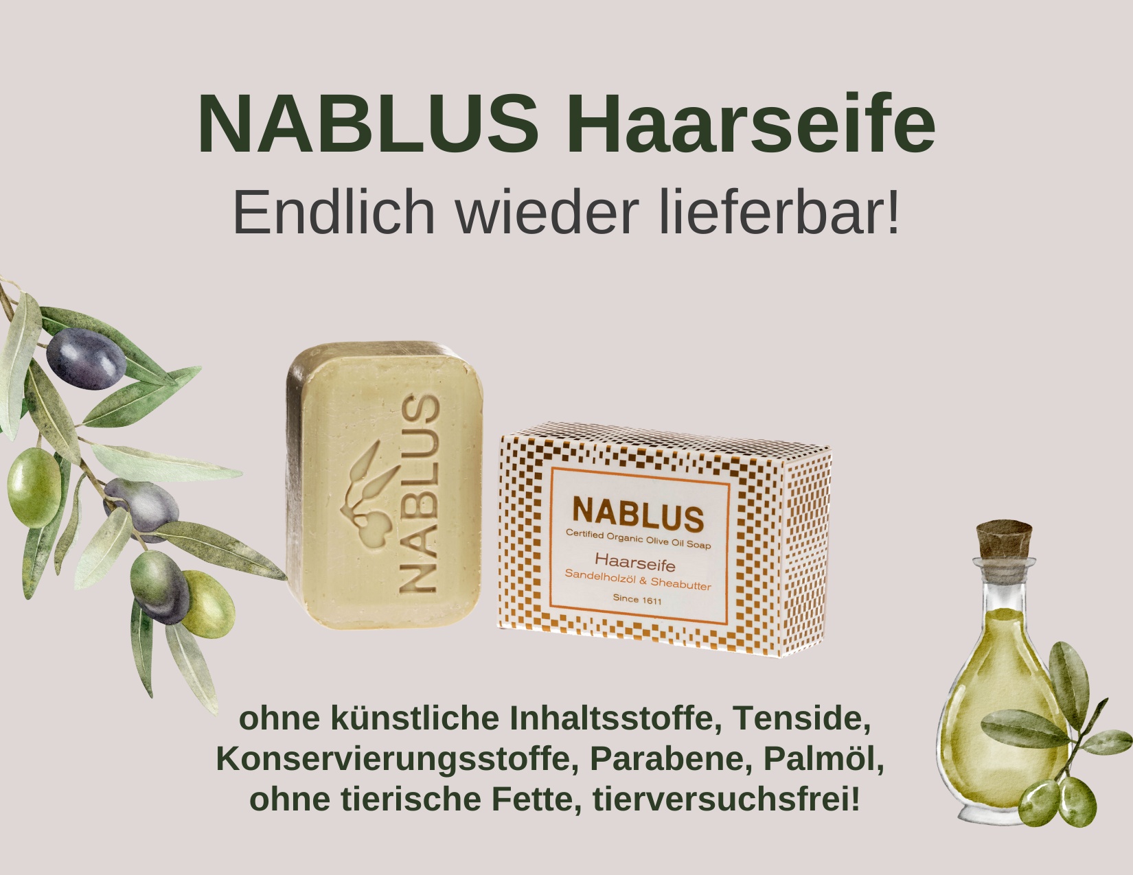 Nablus reine Olivenöl-Seife HAARSEIFE (Sandelholzöl & Sheabutter)