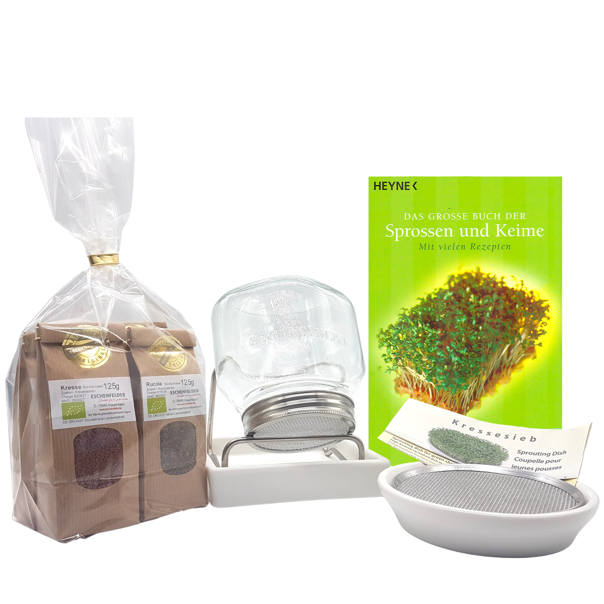 Starter Set Keime und Sprossen: 4 Keimsaaten, 1 x Sprossenglas 750 ml mit Sieb, Edelstahl-Ständer und Kressesieb mit Schale, Sprossenbuch