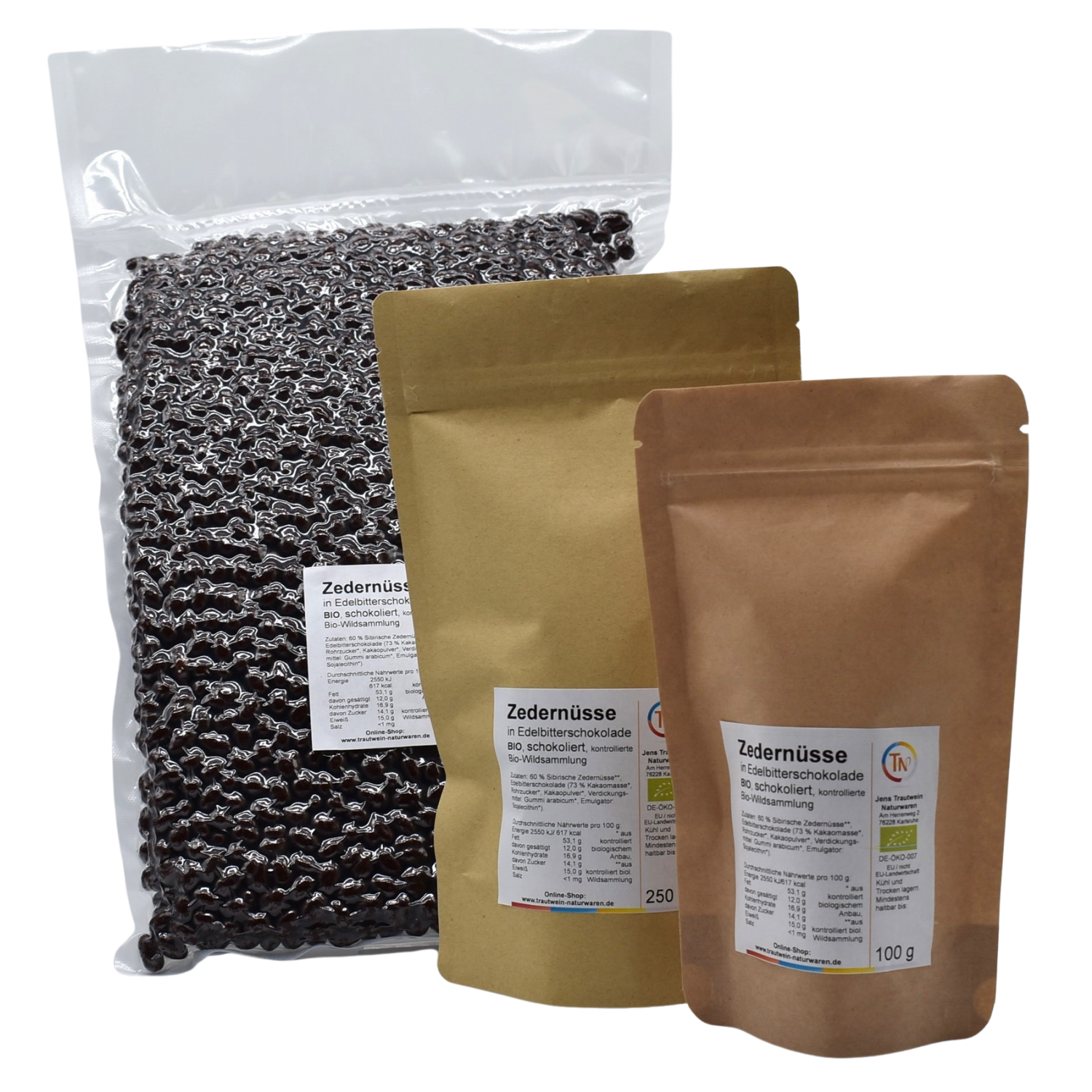 Zedernüsse in Edelbitterschokolade BIO, 250 g
