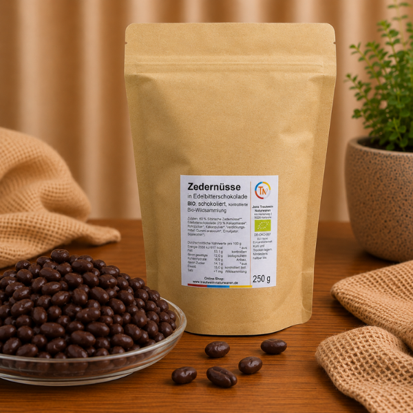 Zedernüsse in Edelbitterschokolade BIO, 250 g