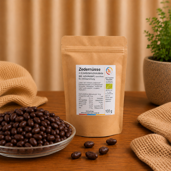Zedernüsse in Edelbitterschokolade BIO, 100 g