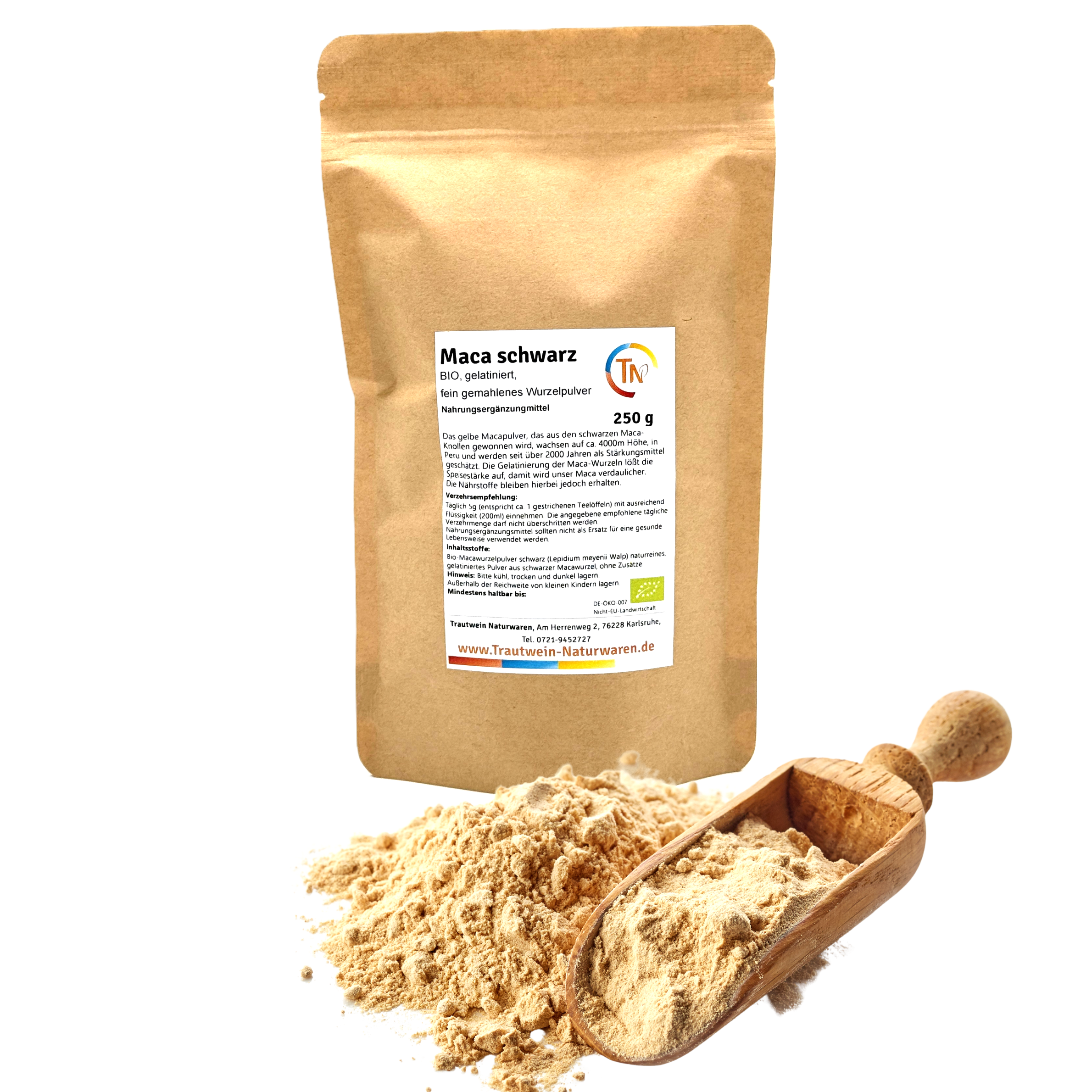 Maca Pulver schwarz, bio, gelatiniert, 500 g Pulver im Vorratsbeutel (100 Tage Vorrat)